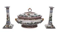 A Portuguese Glazed Earthenware Tureen, Cover and Stand, and a Matching Pair of Candlesticks