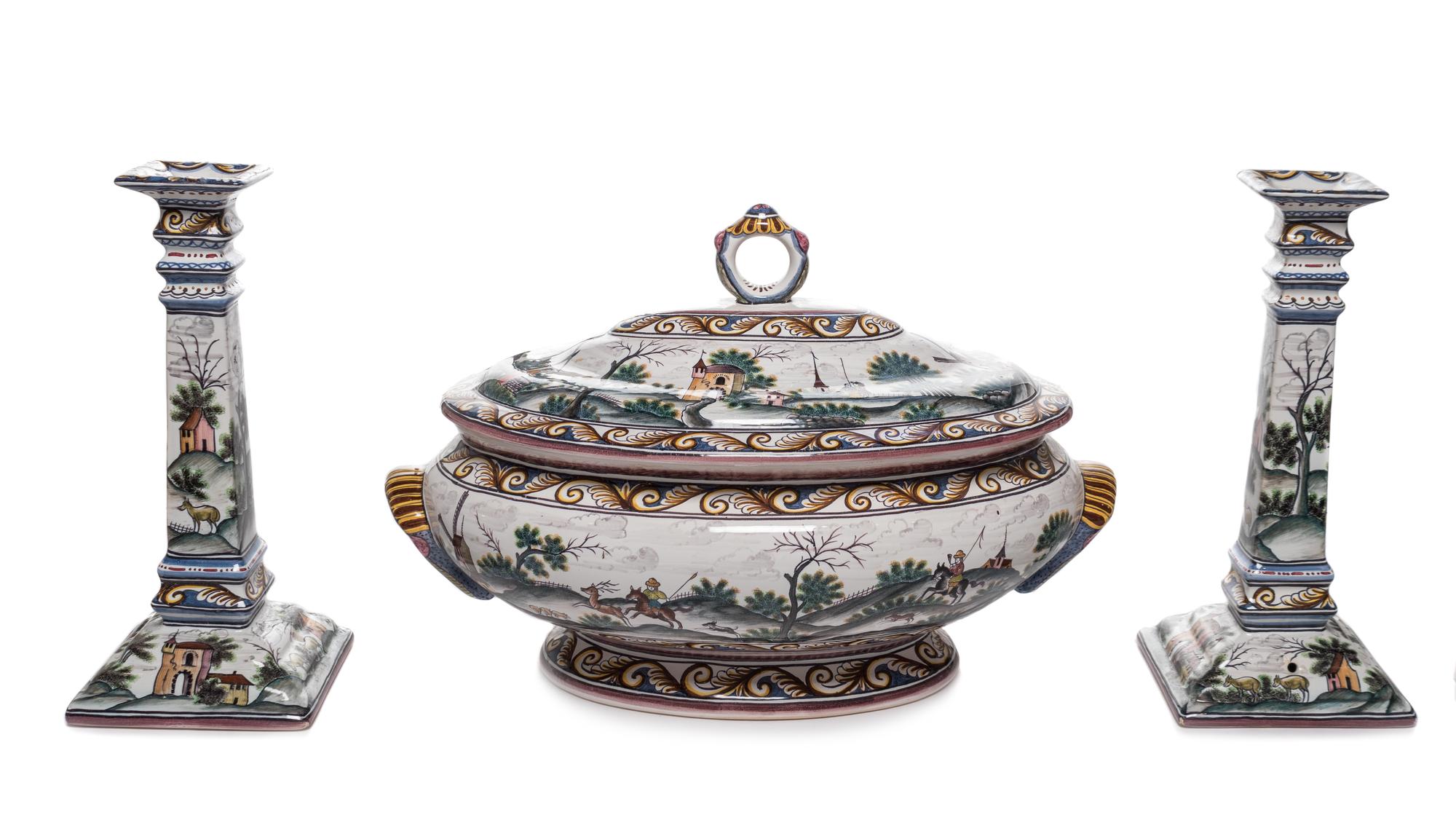 A Portuguese Glazed Earthenware Tureen, Cover and Stand, and a Matching Pair of Candlesticks