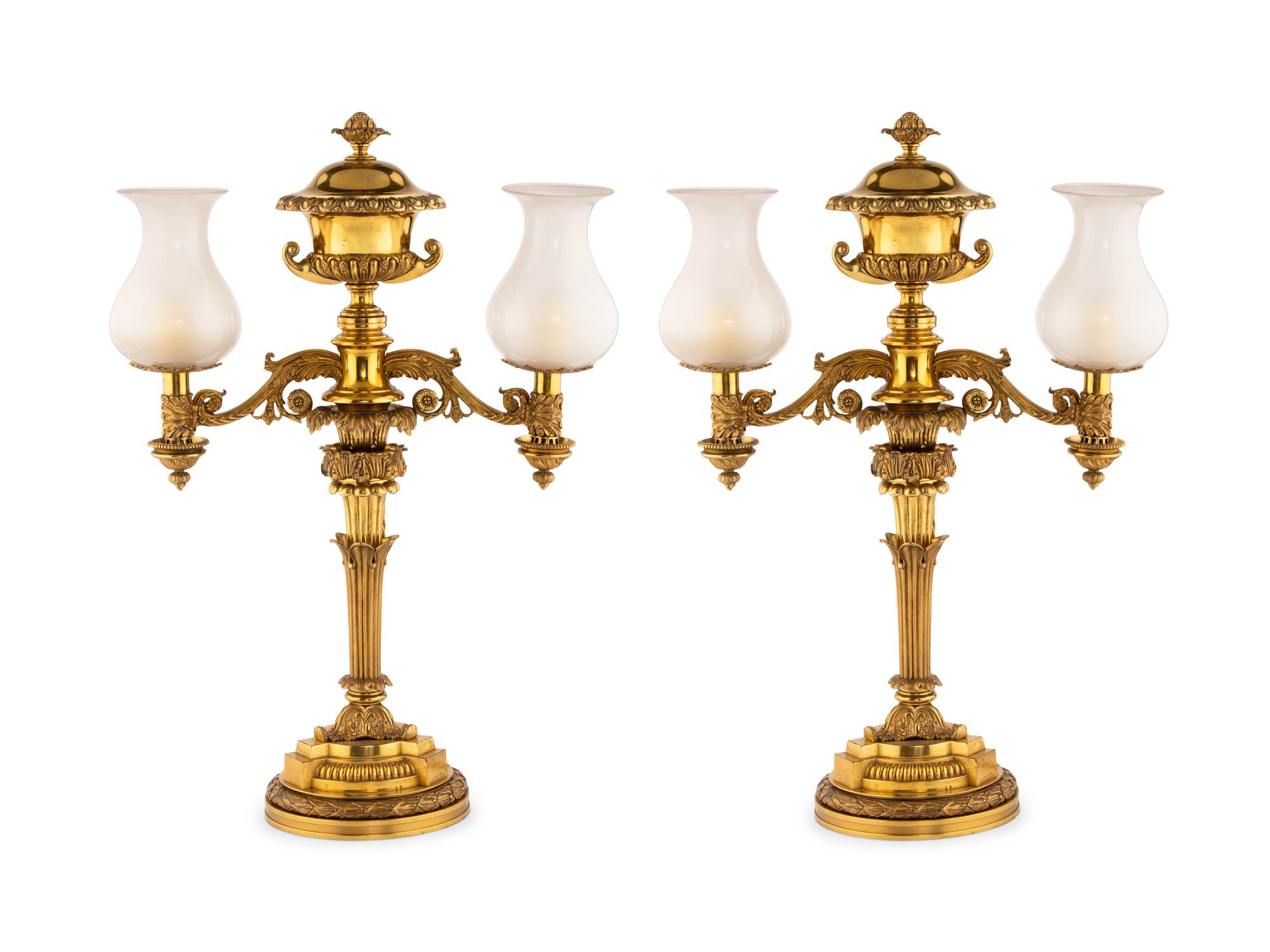 A Pair of George IV Gilt Bronze Colza Lamps