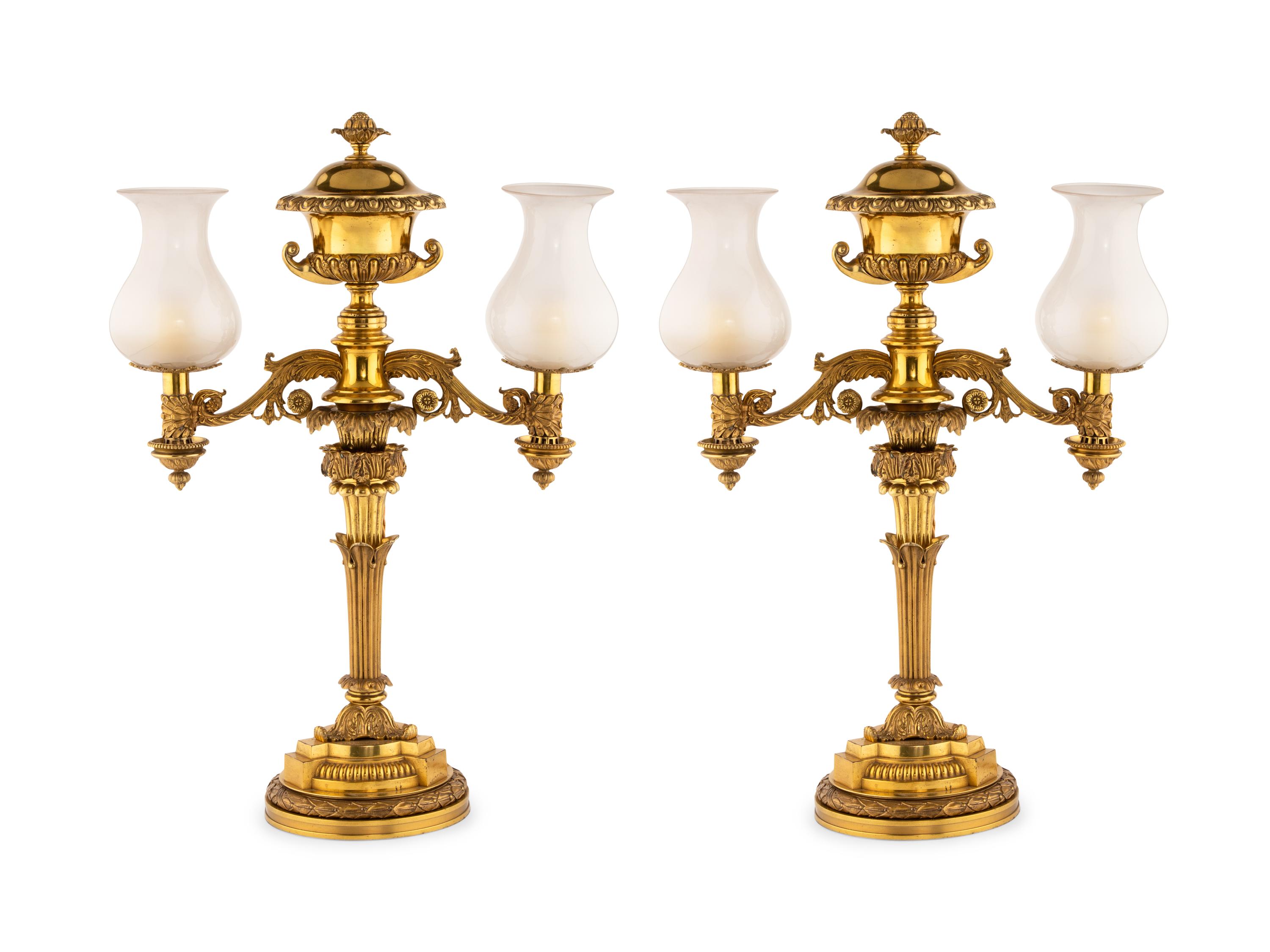 A Pair of George IV Gilt Bronze Colza Lamps