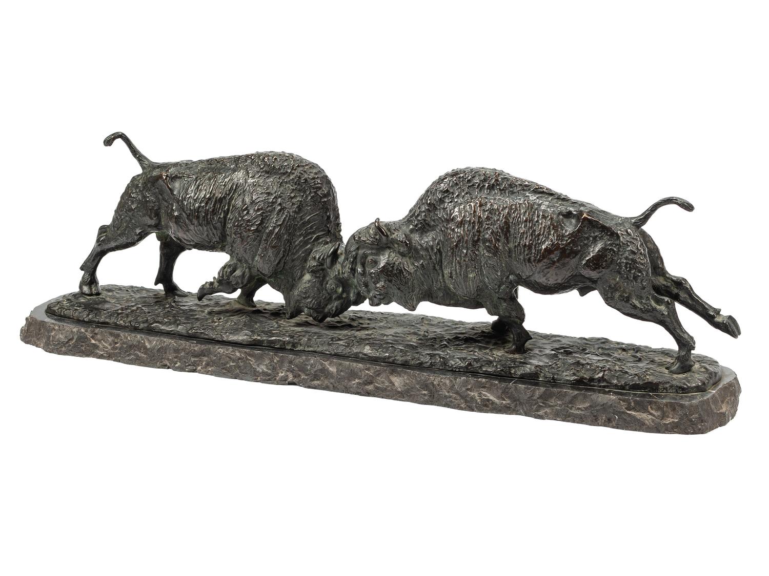 A Patinated Metal Figural Group of Buffalo