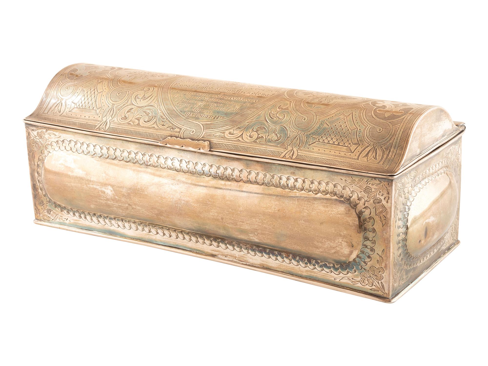 [TRANSPORTATION] -- [SCIENCE & TECHNOLOGY]. Sterling silver presentation box identified to Captain James Anderson (1824-1893), commander of the SS Great Eastern on the voyage which successfully laid the first transatlantic telegraph cable.