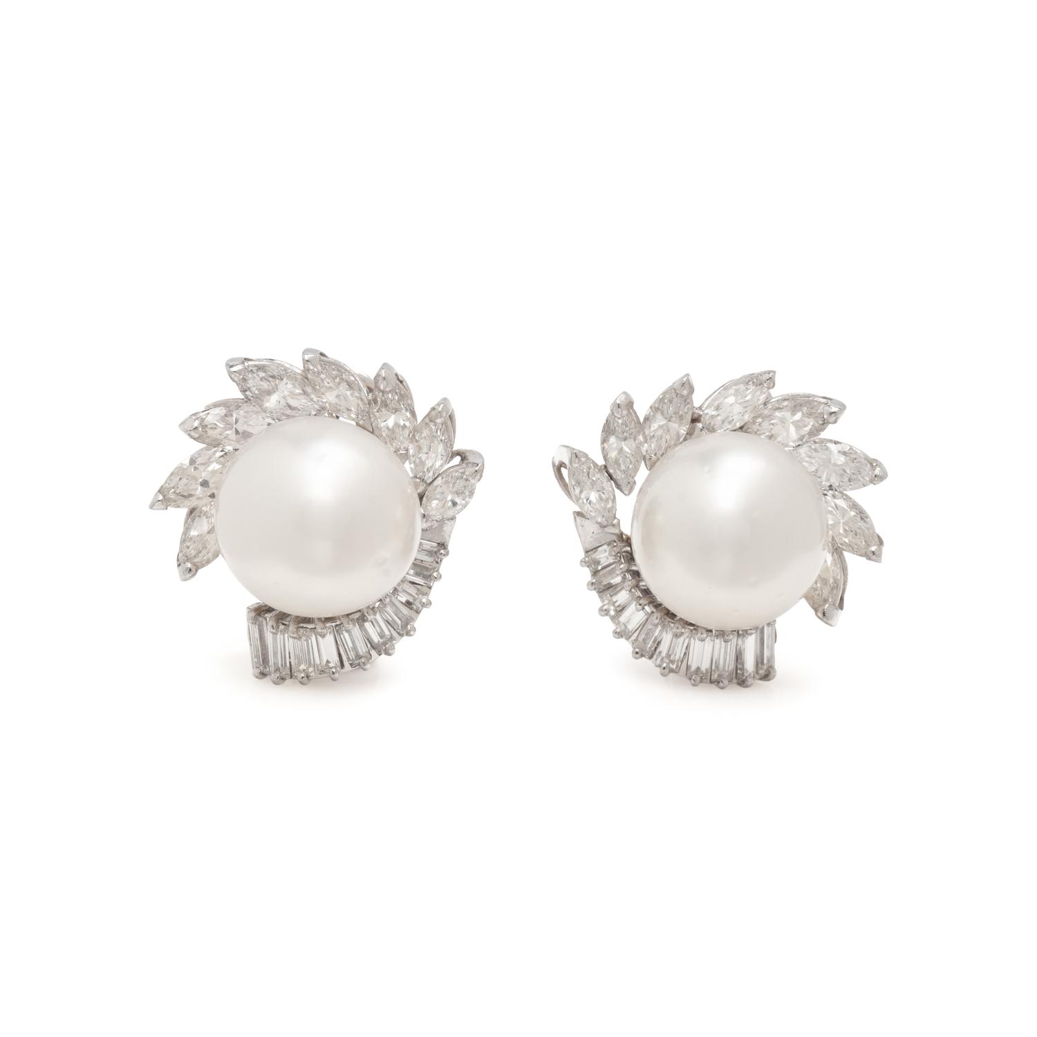 BOUCHERON, PLATINUM, CULTURED PEARL AND DIAMOND CLIP EARRINGS