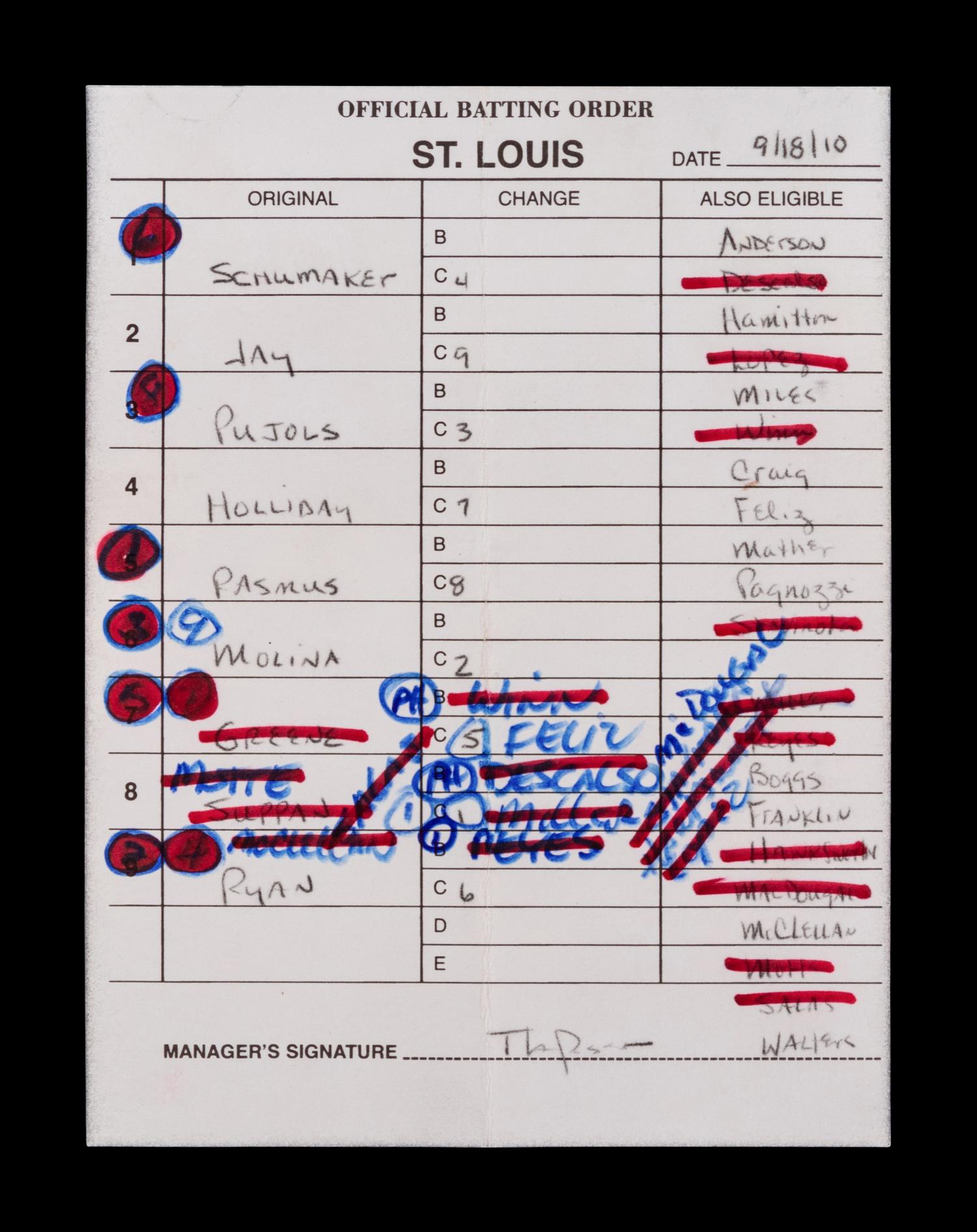 A Group of Five Hall of Fame Manager Signed Autograph Umpire Lineup Cards from The Collection of Baseball Hall of Famer Ted Simmons (including Tony LaRussa and Bobby Cox),