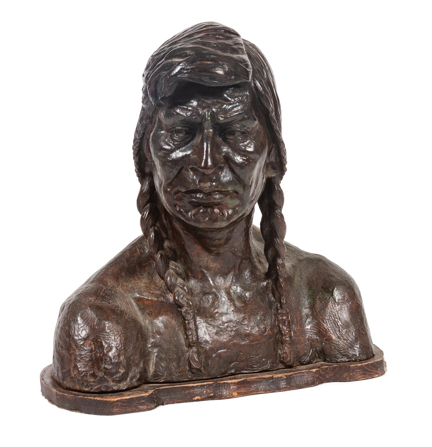 A Bronze Native American Bust Height 17 1/2 x width 17 1/2 x depth 8 inches. — OLYMPIO BRINDESI, 20TH CENTURY