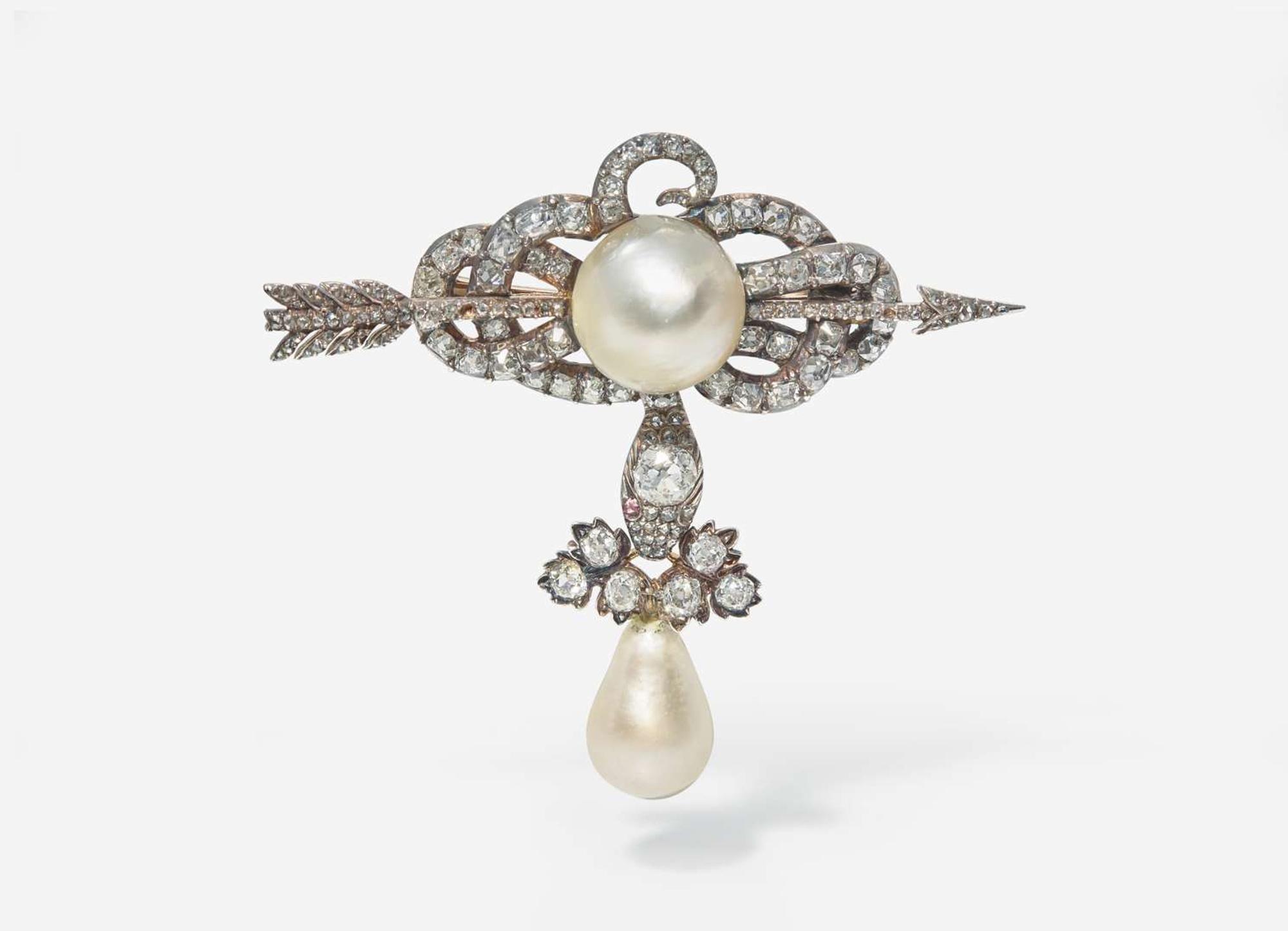 An 18K Yellow Gold, Natural Pearl, and Diamond Brooch Attributed to Boucheron