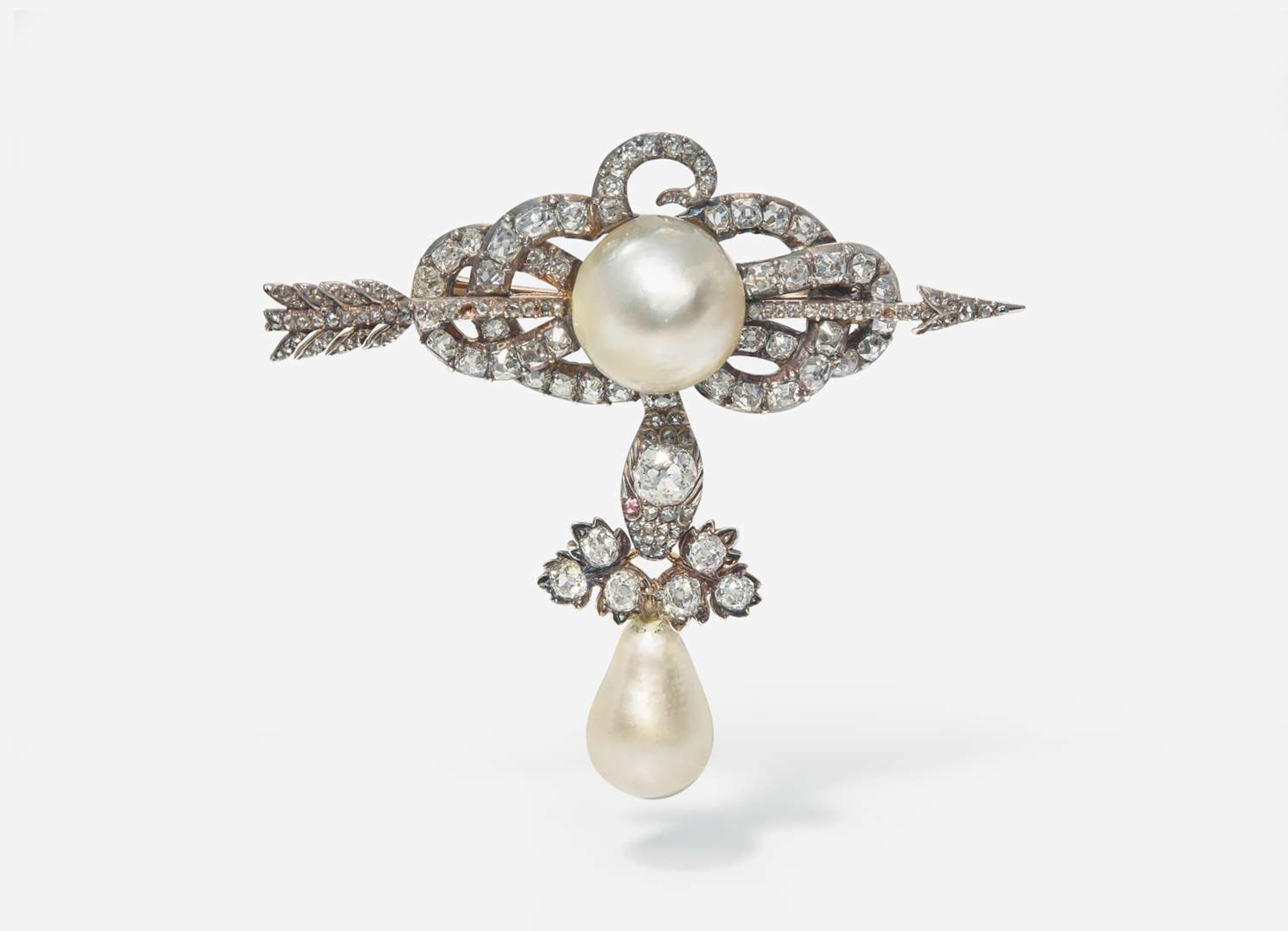 An 18K Yellow Gold, Natural Pearl, and Diamond Brooch Attributed to Boucheron