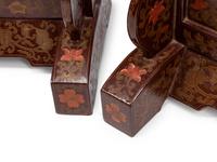 A Pair of Chinese Carved Red Lacquer Table Screens in Polychrome Lacquer Stands