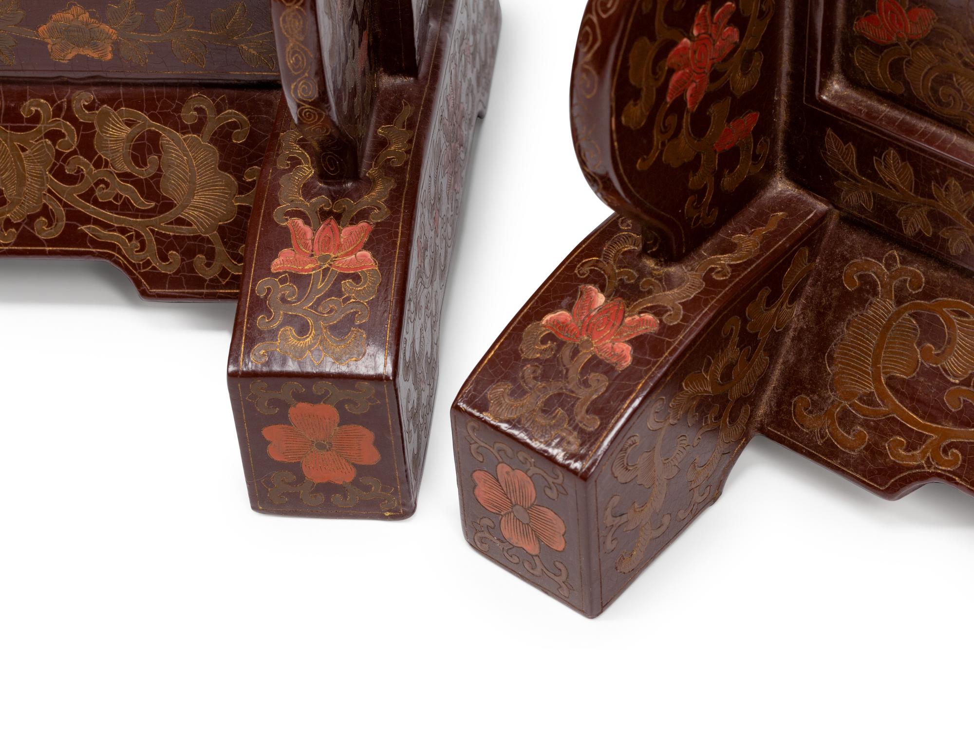 A Pair of Chinese Carved Red Lacquer Table Screens in Polychrome Lacquer Stands