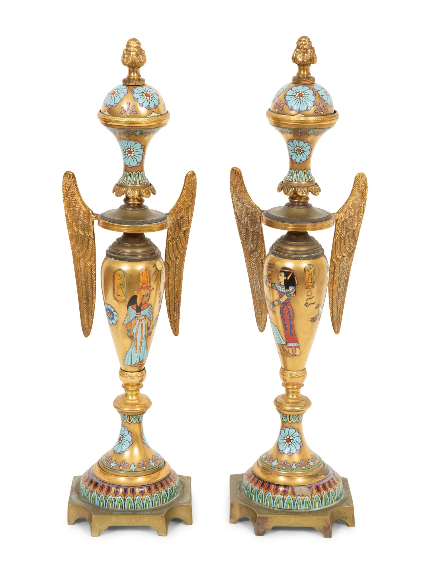 A Pair of Continental Egyptian Revival Porcelain and Gilt Bronze Urn Ornaments