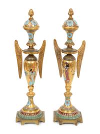 A Pair of Continental Egyptian Revival Porcelain and Gilt Bronze Urn Ornaments
