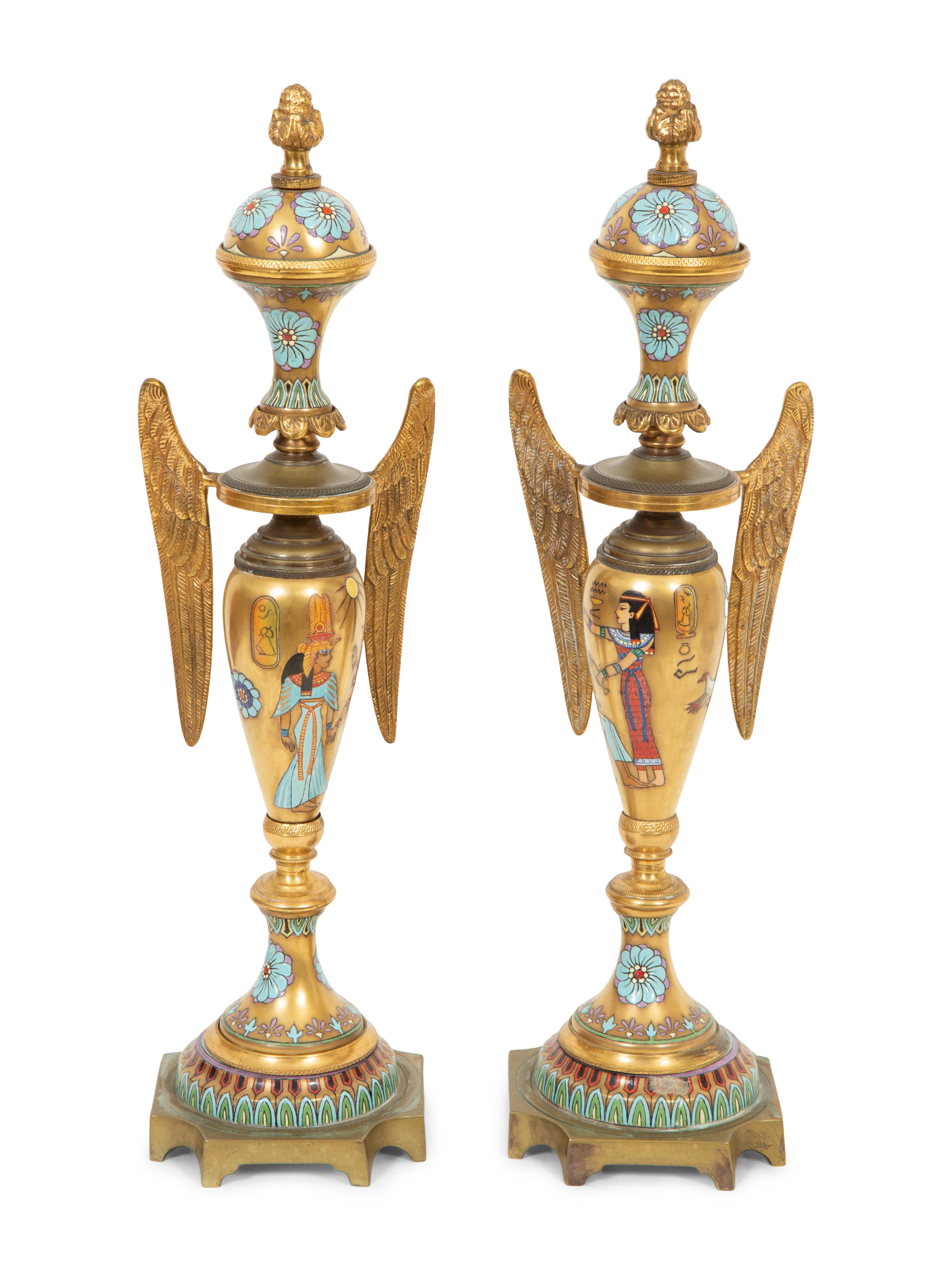 A Pair of Continental Egyptian Revival Porcelain and Gilt Bronze Urn Ornaments