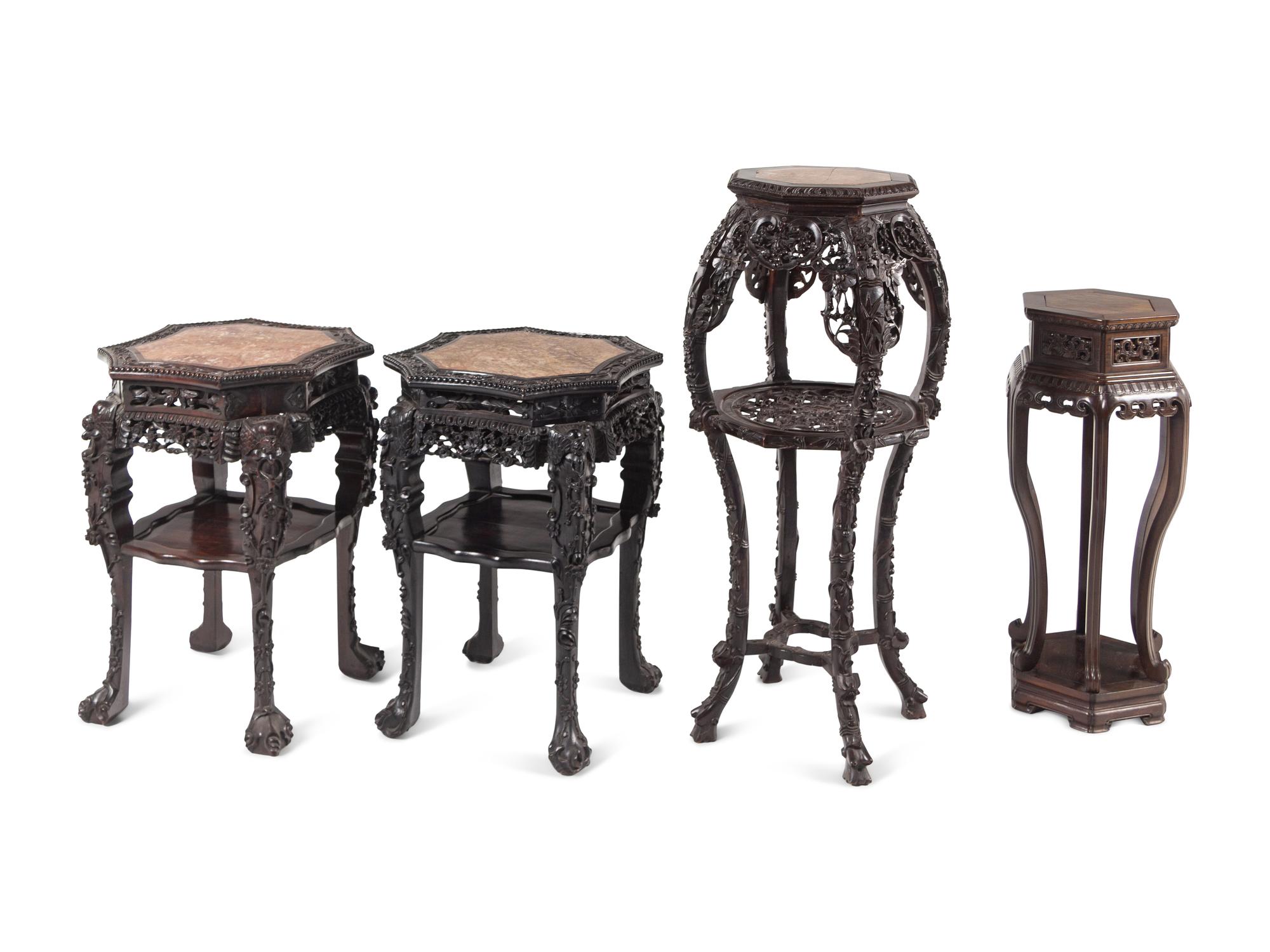 Four Chinese Export Marble Inset Hardwood Side Stands