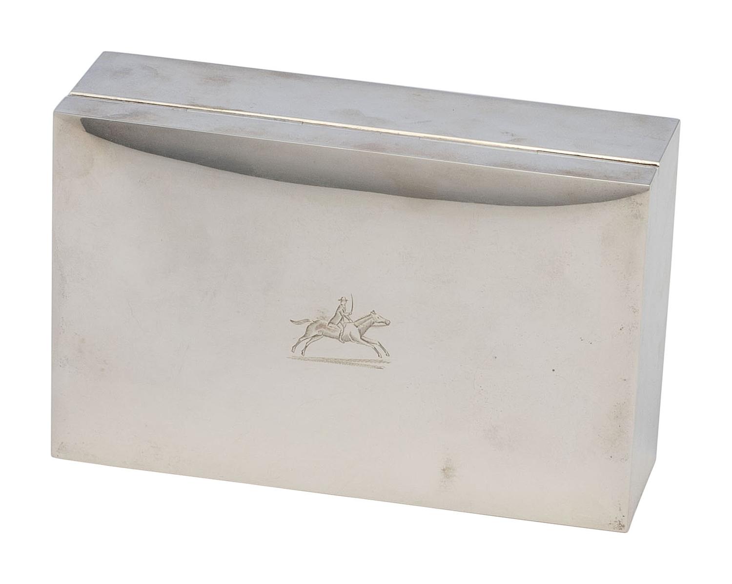 An English Silver Cigarette Box in the Equestrian Taste
