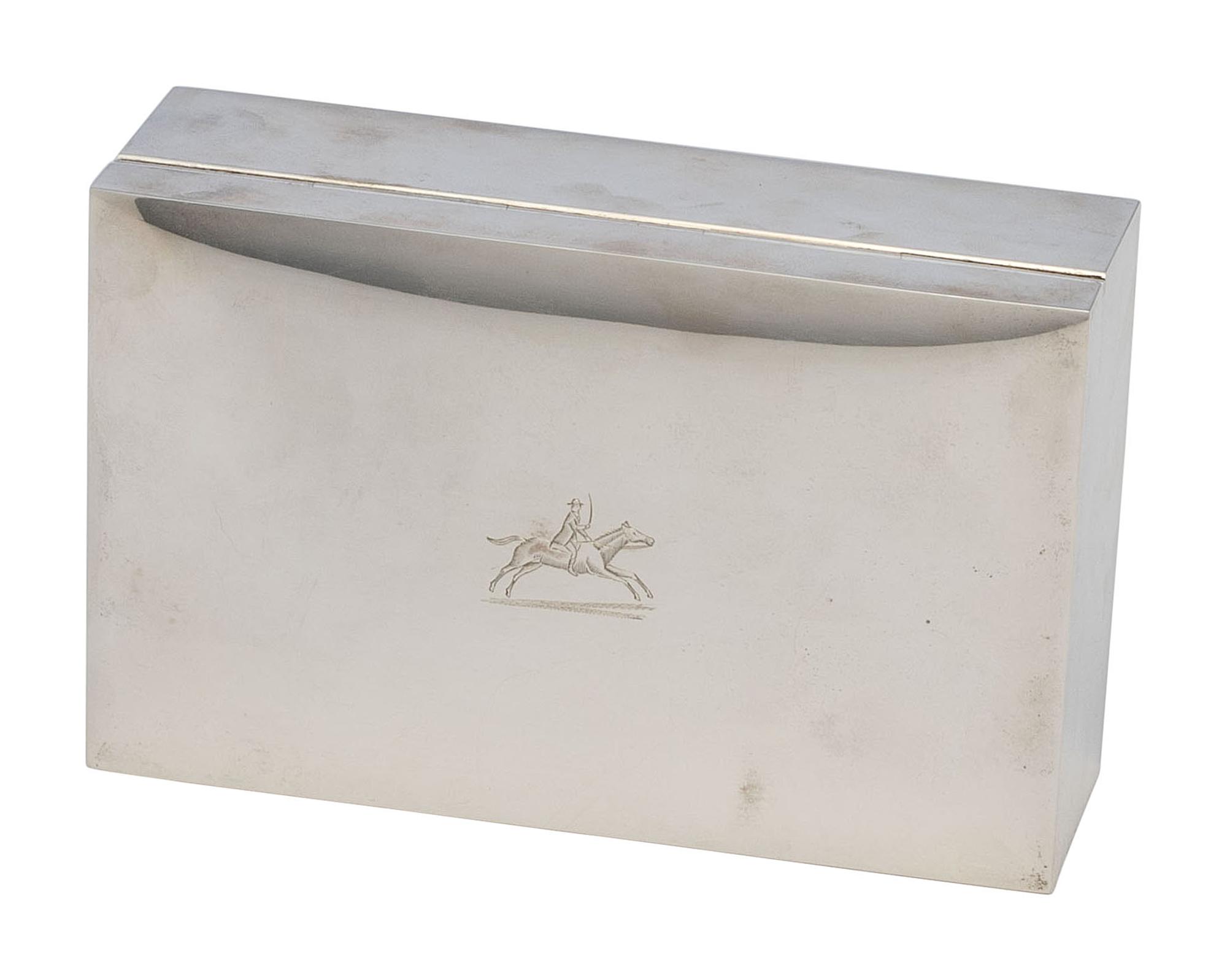 An English Silver Cigarette Box in the Equestrian Taste