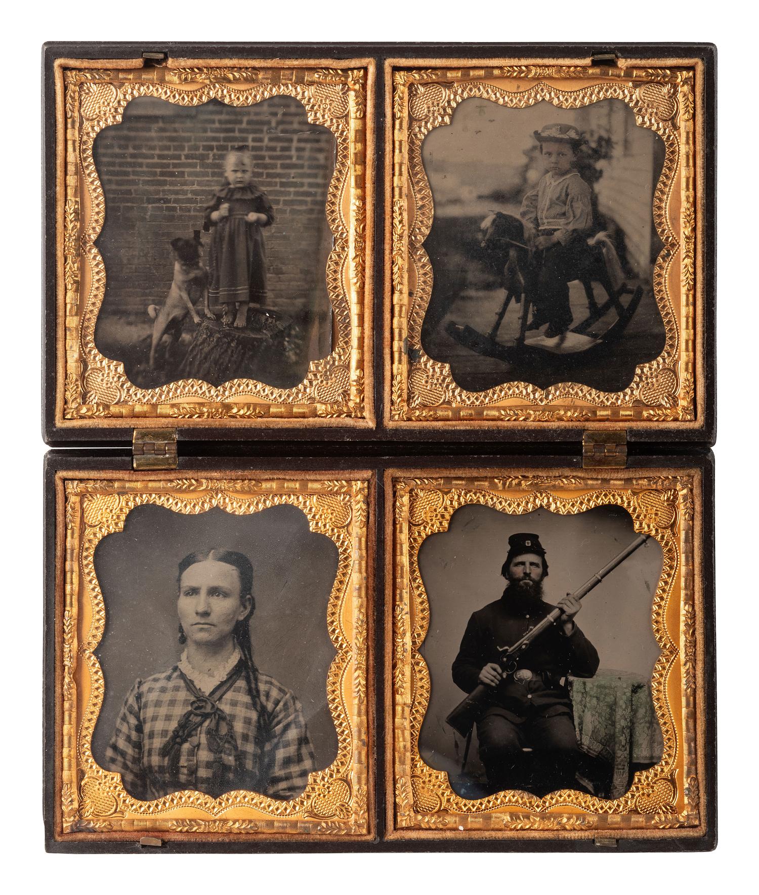 [CIVIL WAR]. 2 tintype portraits of Union infantrymen housed in displays with women and children.