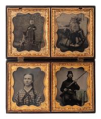 [CIVIL WAR]. 2 tintype portraits of Union infantrymen housed in displays with women and children.
