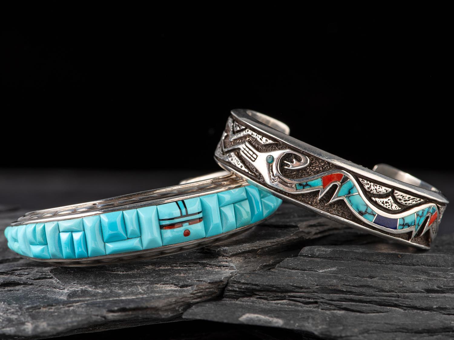 Navajo and Zuni Silver and Inlay Cuff Bracelets