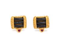 DENISE ROBERGE, HIGH KARAT GOLD, LEATHER AND RUBY EARCLIPS