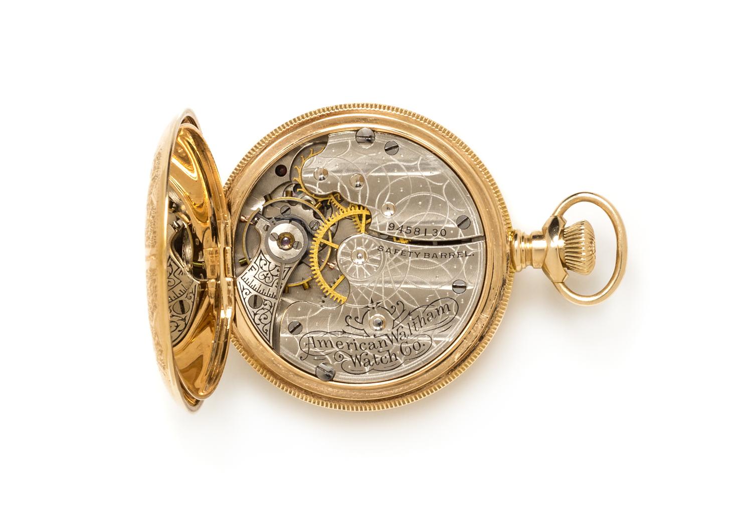 A 14 Karat Yellow Gold Hunter Case Pocket Watch, Waltham, Circa 1899, 20.00 dwts.