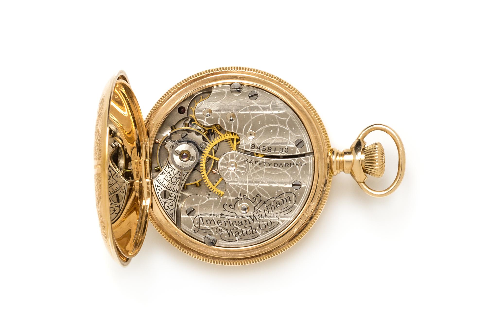 A 14 Karat Yellow Gold Hunter Case Pocket Watch, Waltham, Circa 1899, 20.00 dwts.