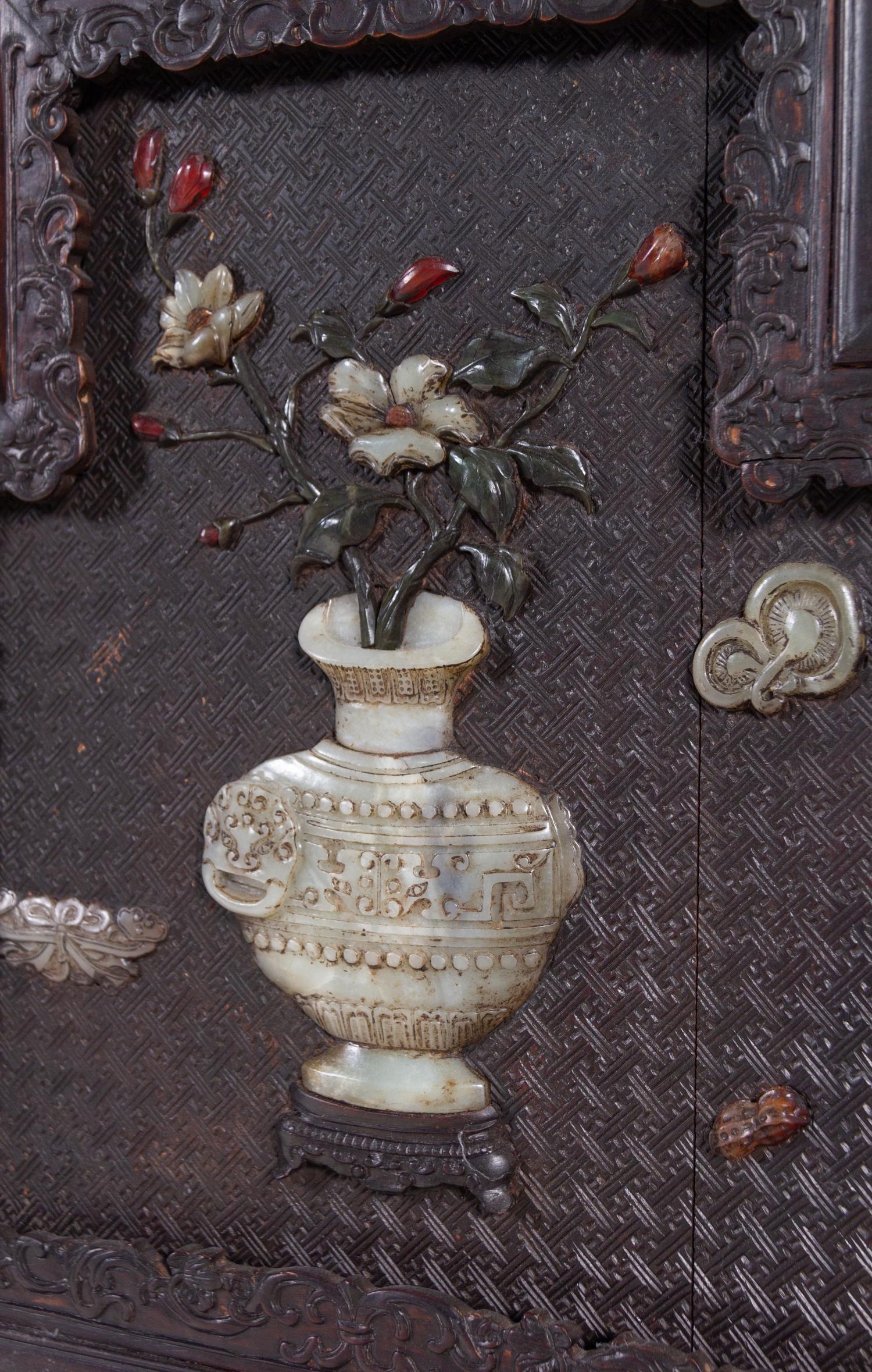 A Large Chinese Export Hardstone Inset Carved Hardwood Screen