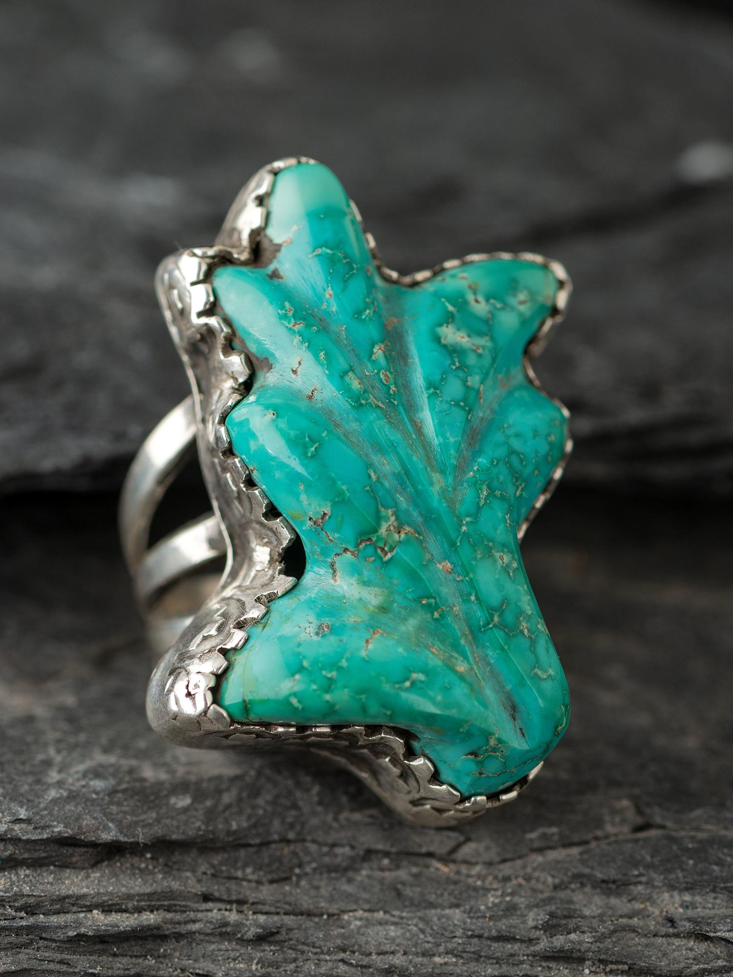Large Silver and Carved Turquoise Ring