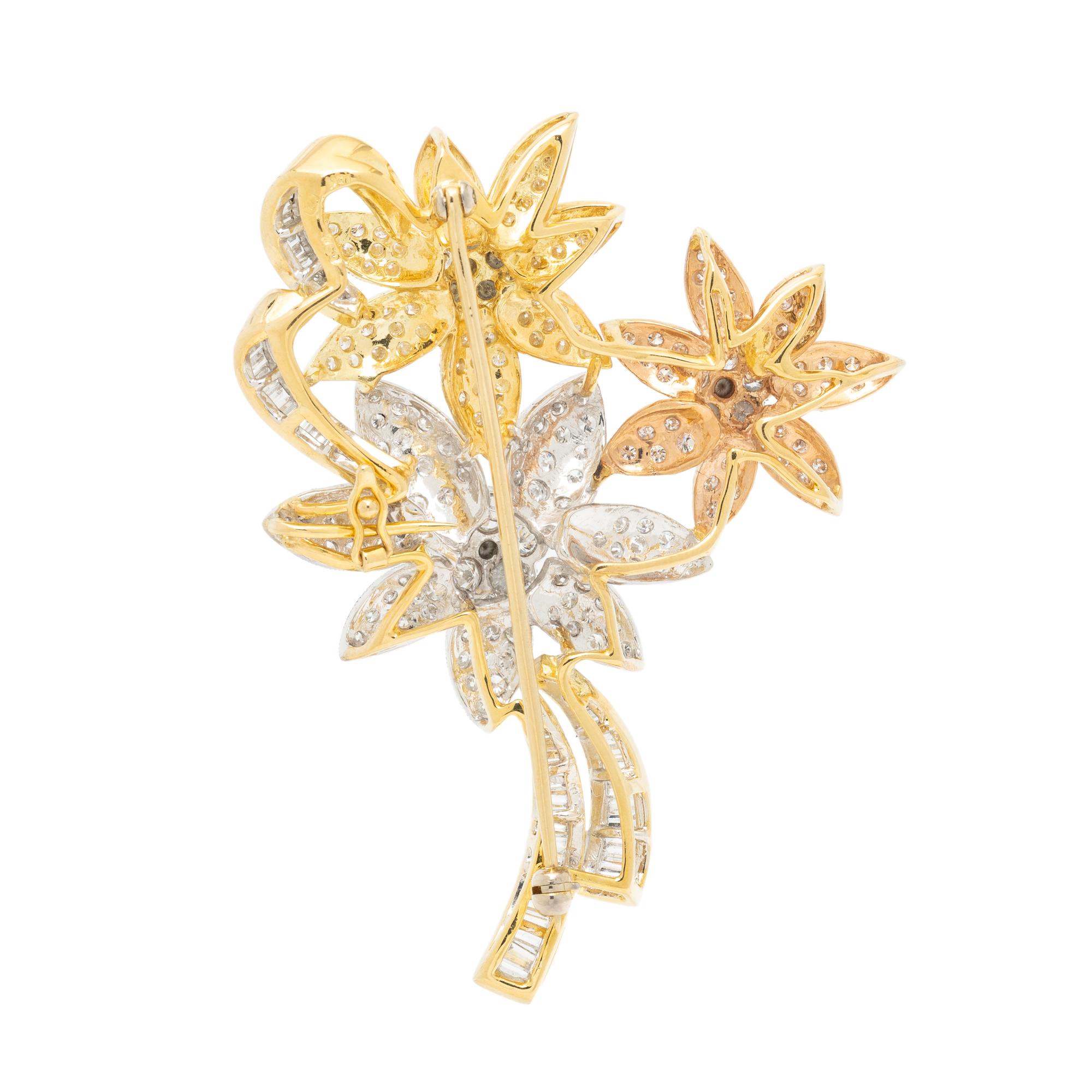 DIAMOND AND TRICOLOR GOLD FLOWER BROOCH