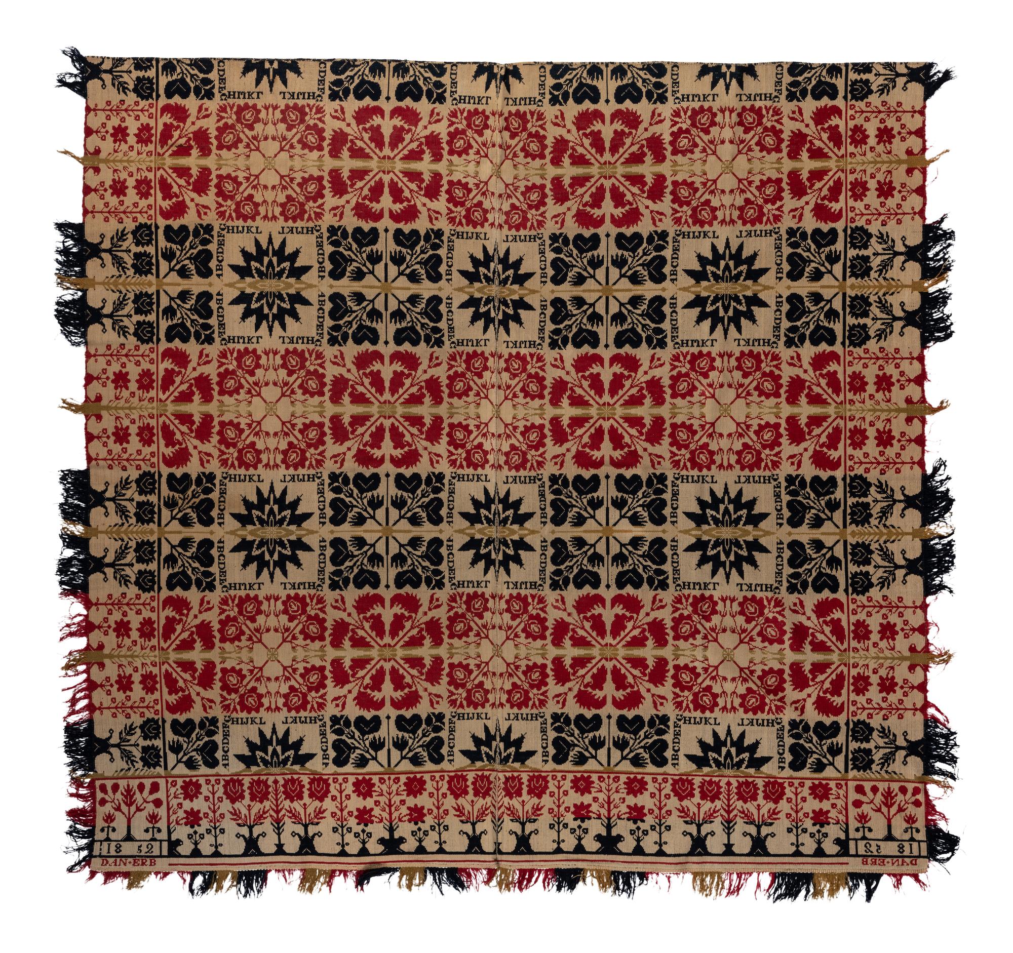 An Alphabet and Foliate Medallion Jacquard Coverlet