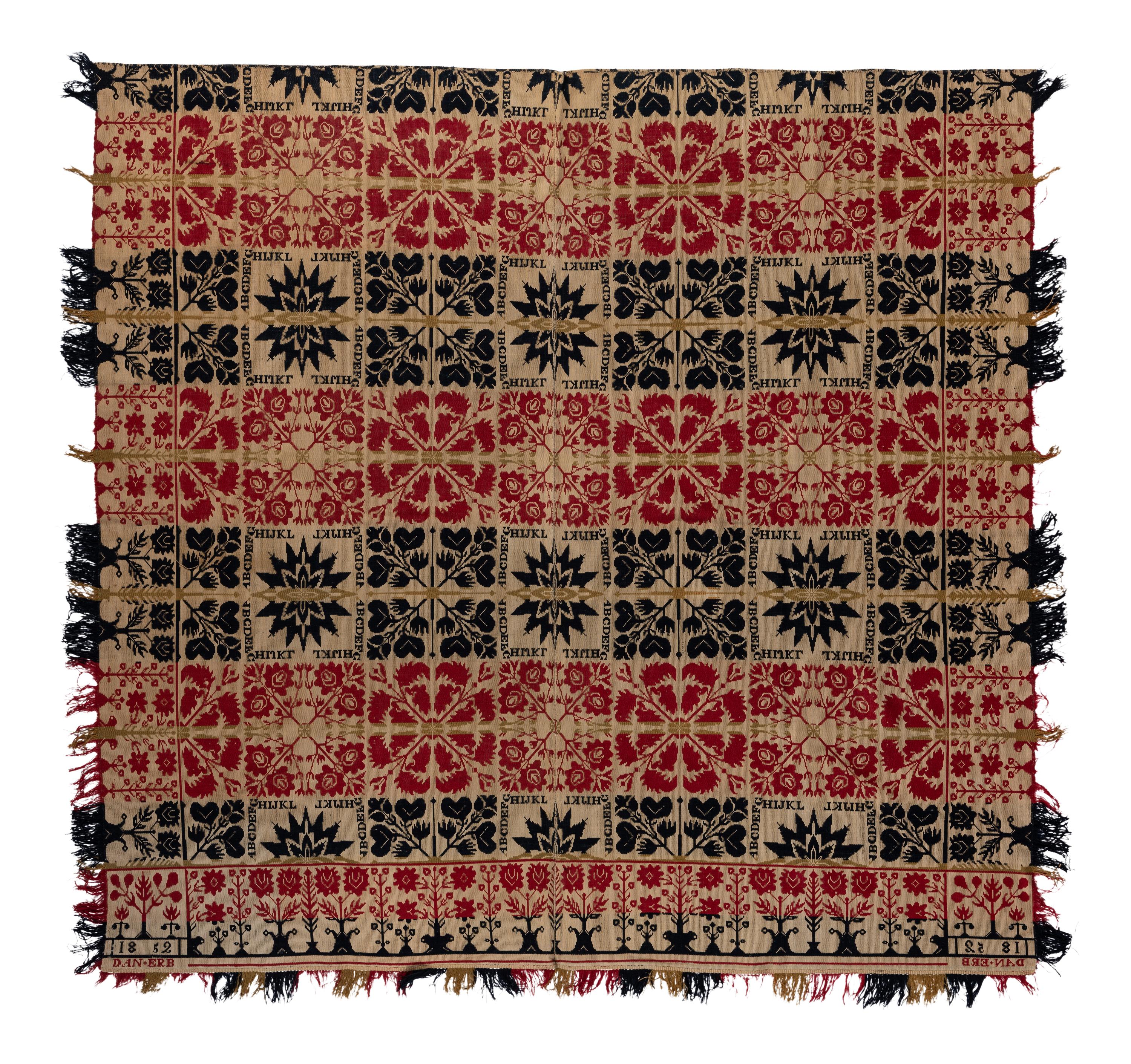 An Alphabet and Foliate Medallion Jacquard Coverlet