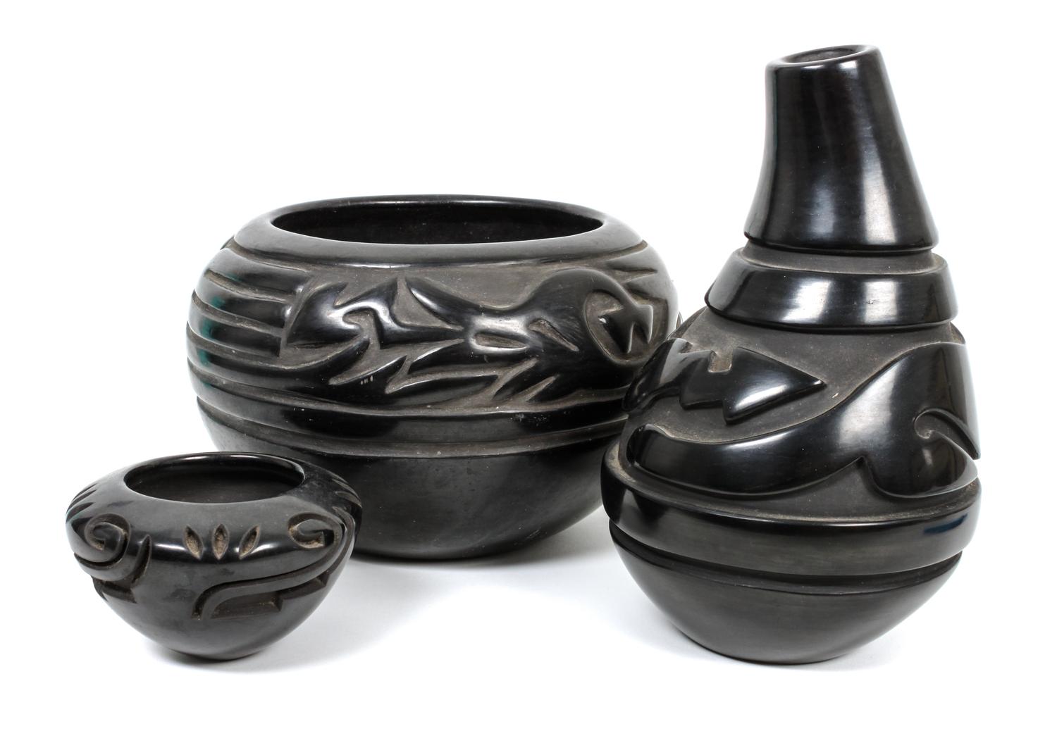 Three Santa Clara Blackware Pottery Items Height of tallest 9 1/2 inches.