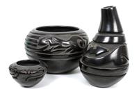 Three Santa Clara Blackware Pottery Items Height of tallest 9 1/2 inches.