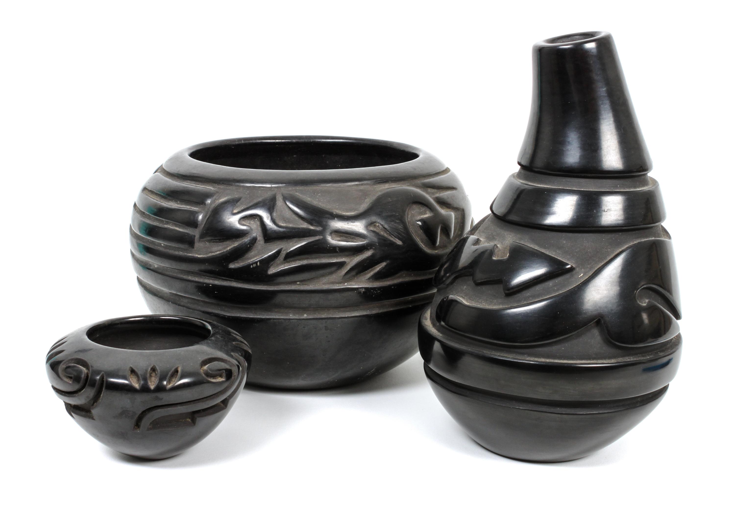 Three Santa Clara Blackware Pottery Items Height of tallest 9 1/2 inches.