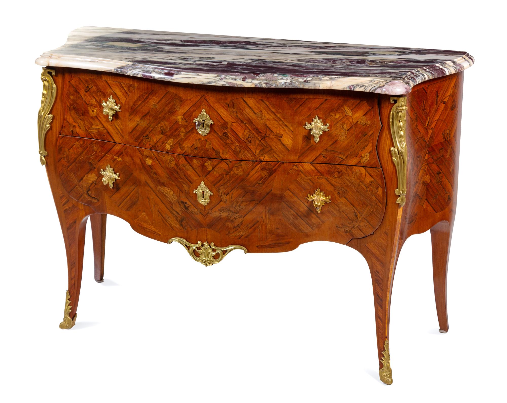 A Louis XV Gilt Bronze Mounted Marquetry Commode Height 33 1/2 x width 48 1/2 x depth 19 3/4 inches. — EARLY 19TH CENTURY
