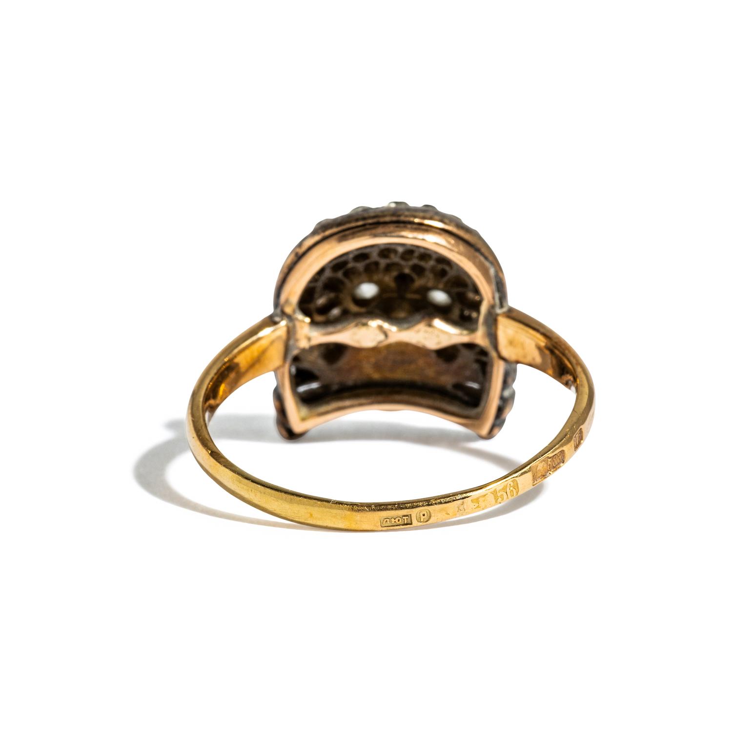 RUSSIAN, DIAMOND, SILVER, AND YELLOW GOLD SKULL AND CROSSBONES RING
