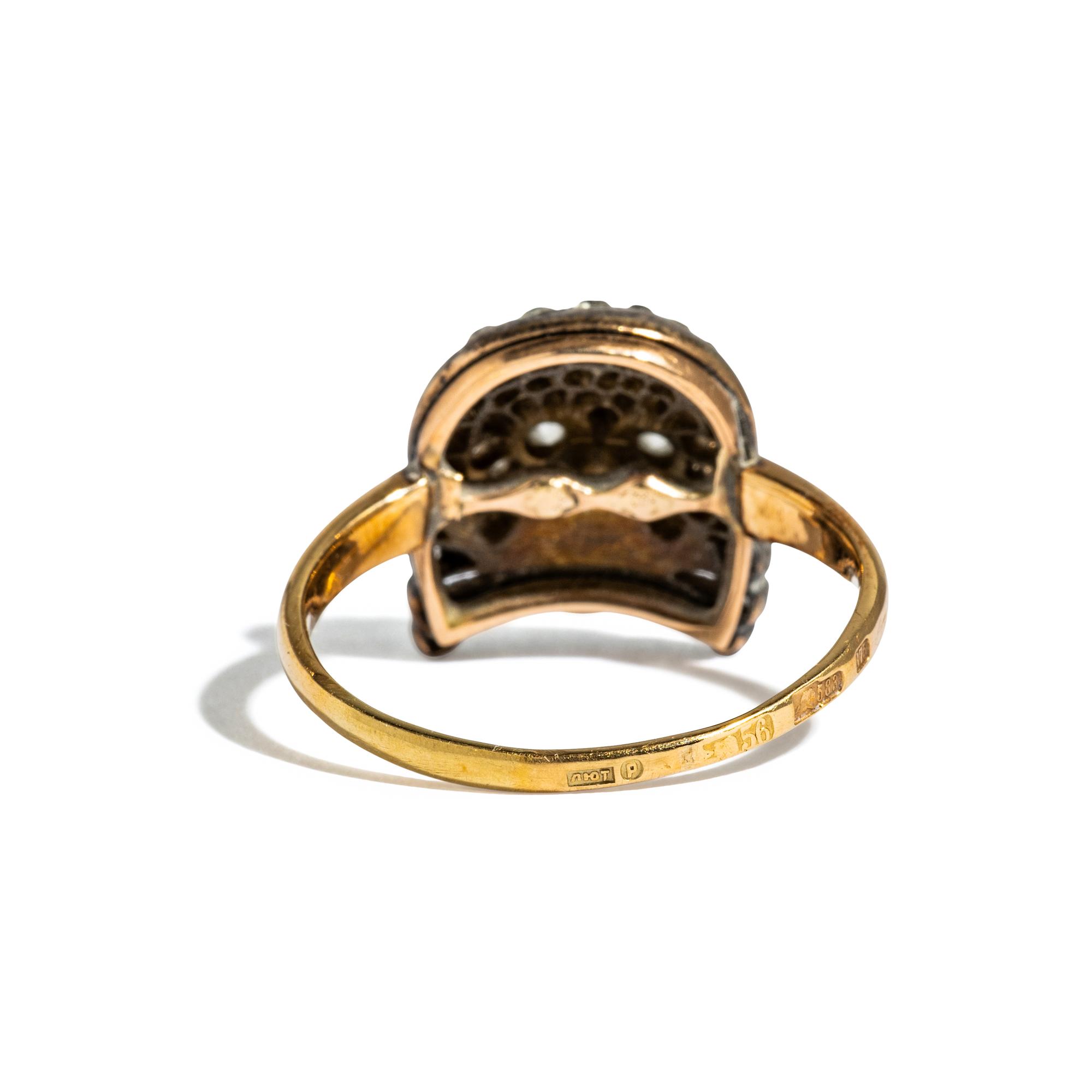 RUSSIAN, DIAMOND, SILVER, AND YELLOW GOLD SKULL AND CROSSBONES RING