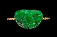 A Chinese Spinach Jade Inset 14K Yellow Gold Brooch