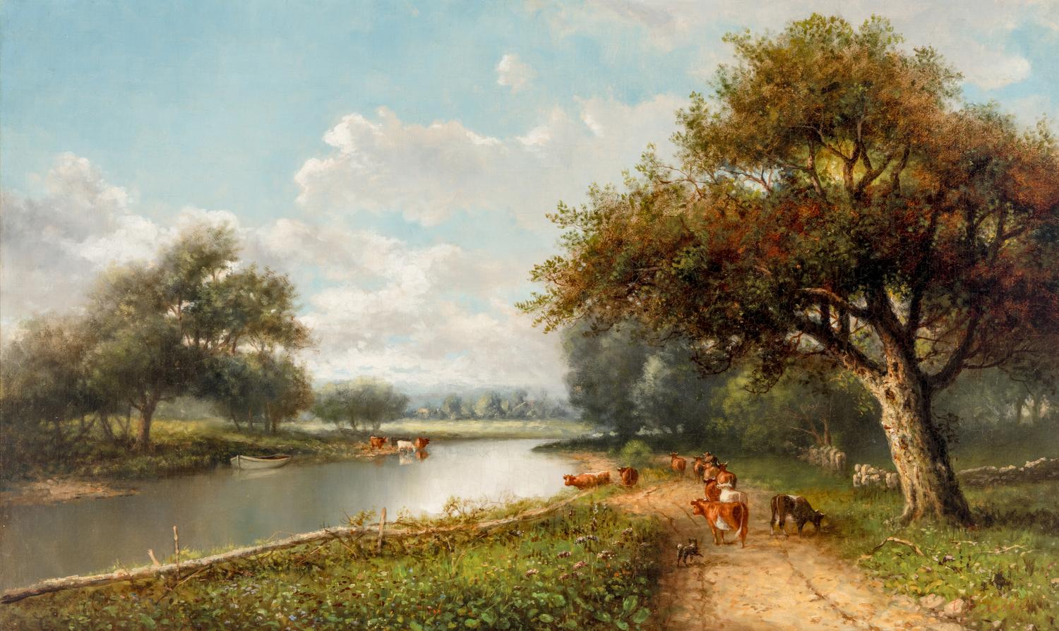 River Landscape with Cows Along a Path