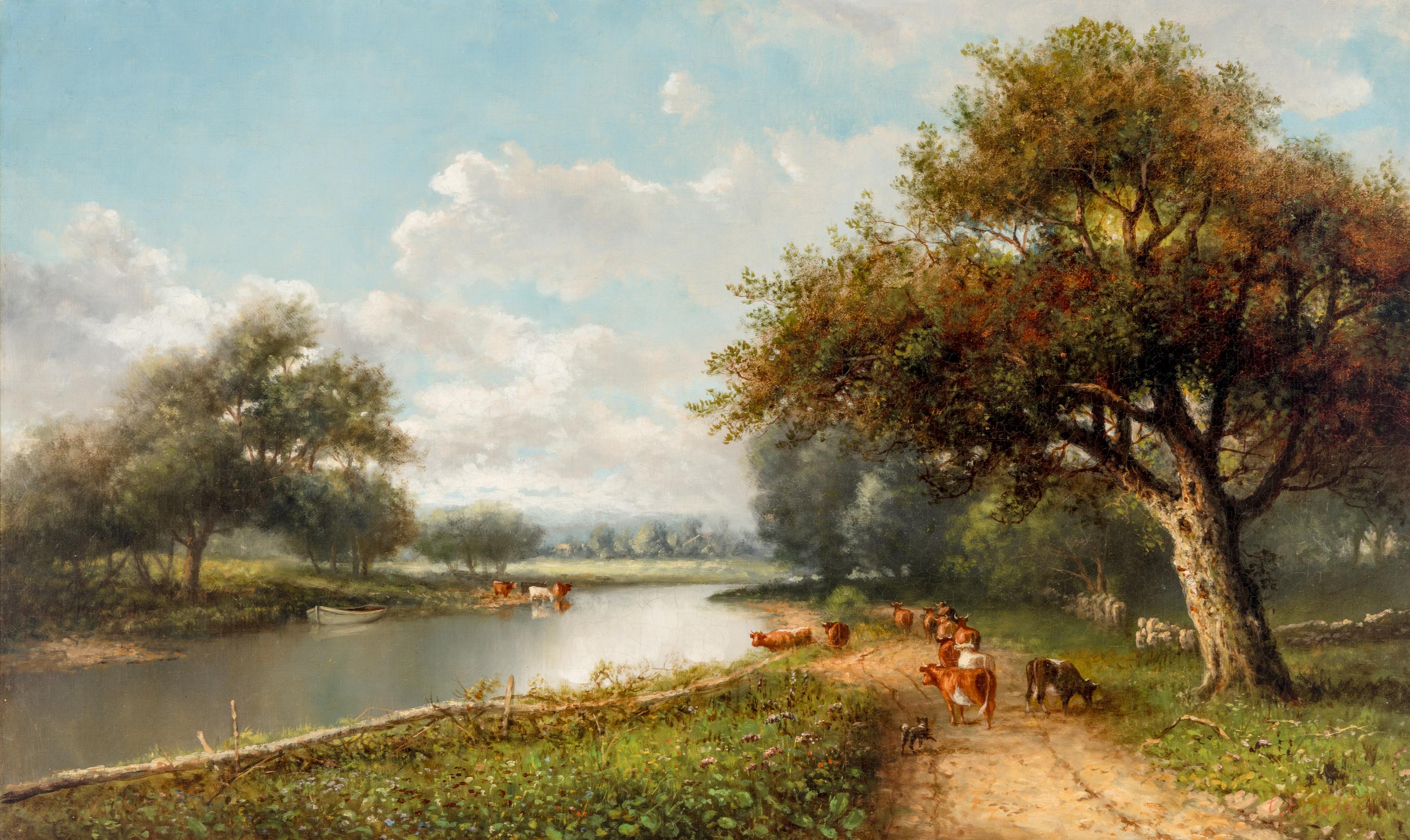 River Landscape with Cows Along a Path
