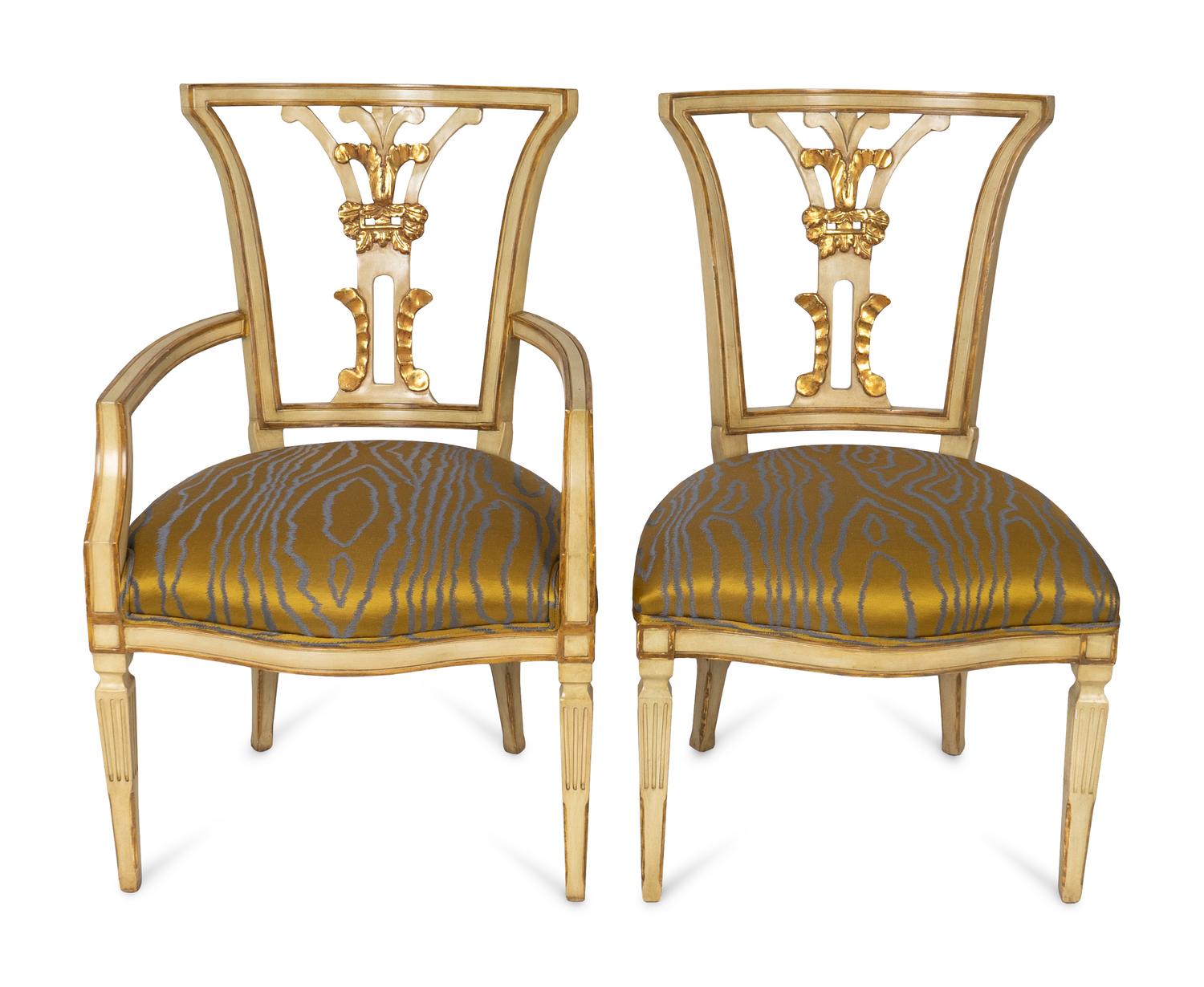 A Set of Ten Neoclassical Style Parcel-Gilt and Painted Dining Chairs — 20TH CENTURY