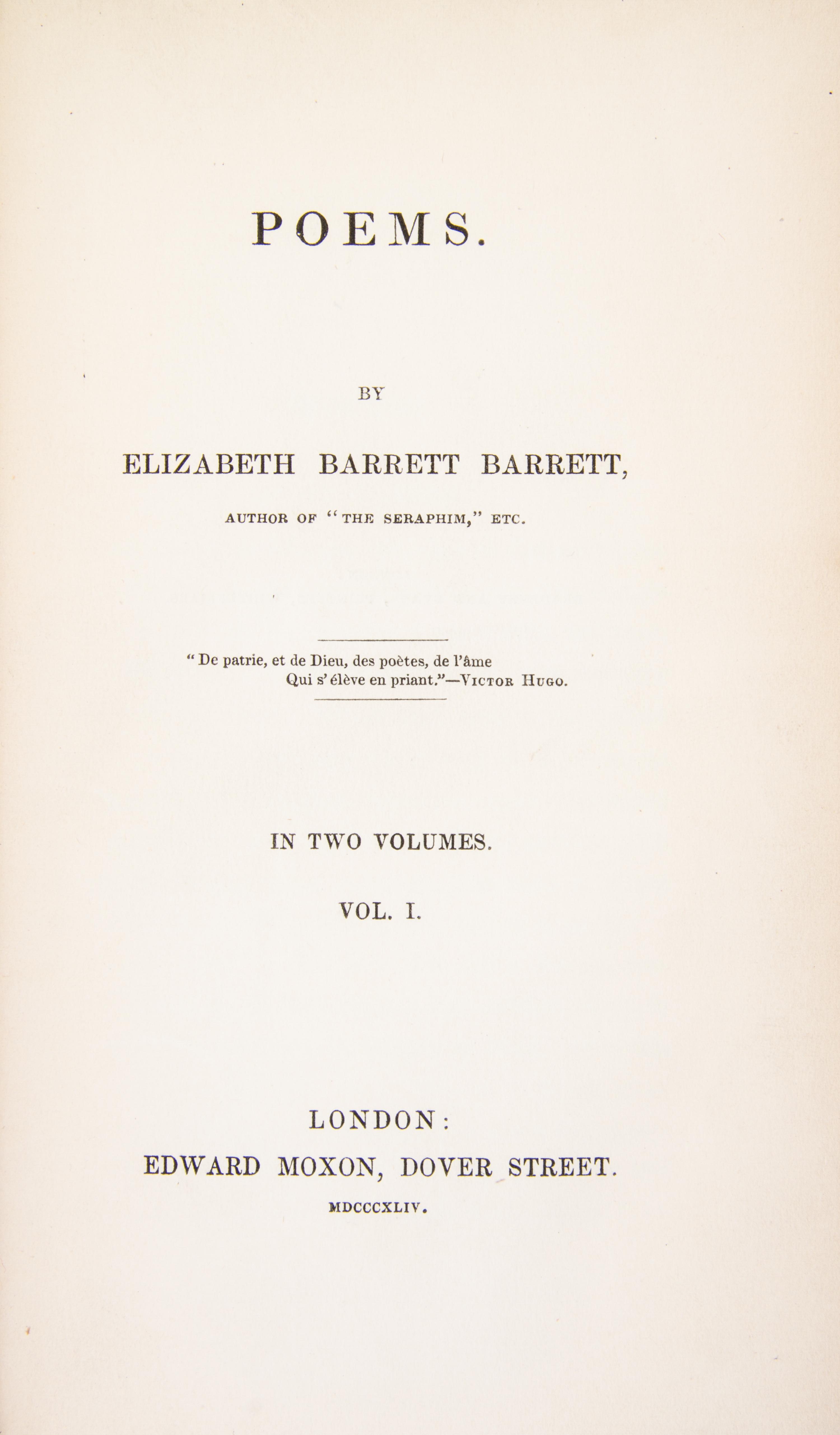 (POETRY) BROWNING, ELIZABETH BARRETT. Poems. London, 1844. 2 vols. [with] Aurora Leigh. London, 1857 [1856]