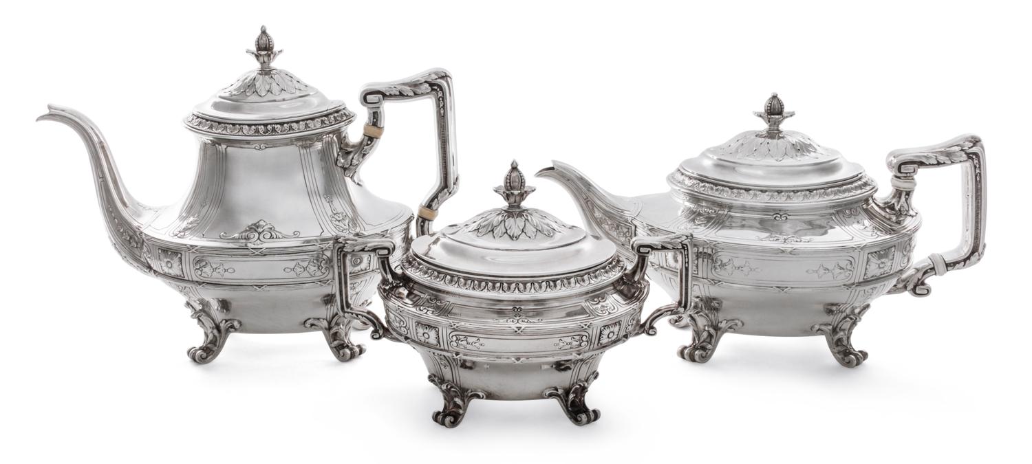 An American Silver Tea Service, Gorham Mfg. Co., Providence, RI, comprising a teapot, a coffee pot and a covered sugar monogrammed PBB,