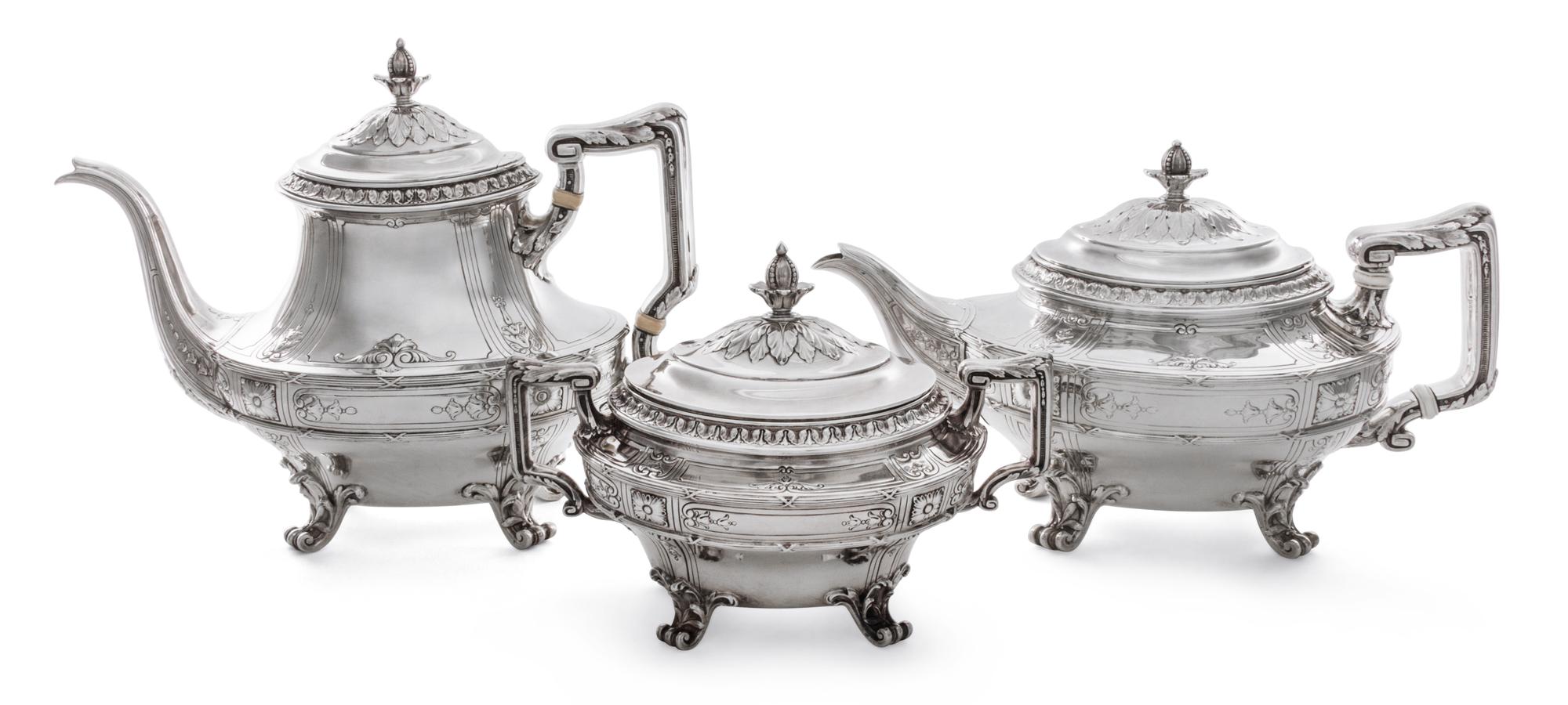 An American Silver Tea Service, Gorham Mfg. Co., Providence, RI, comprising a teapot, a coffee pot and a covered sugar monogrammed PBB,