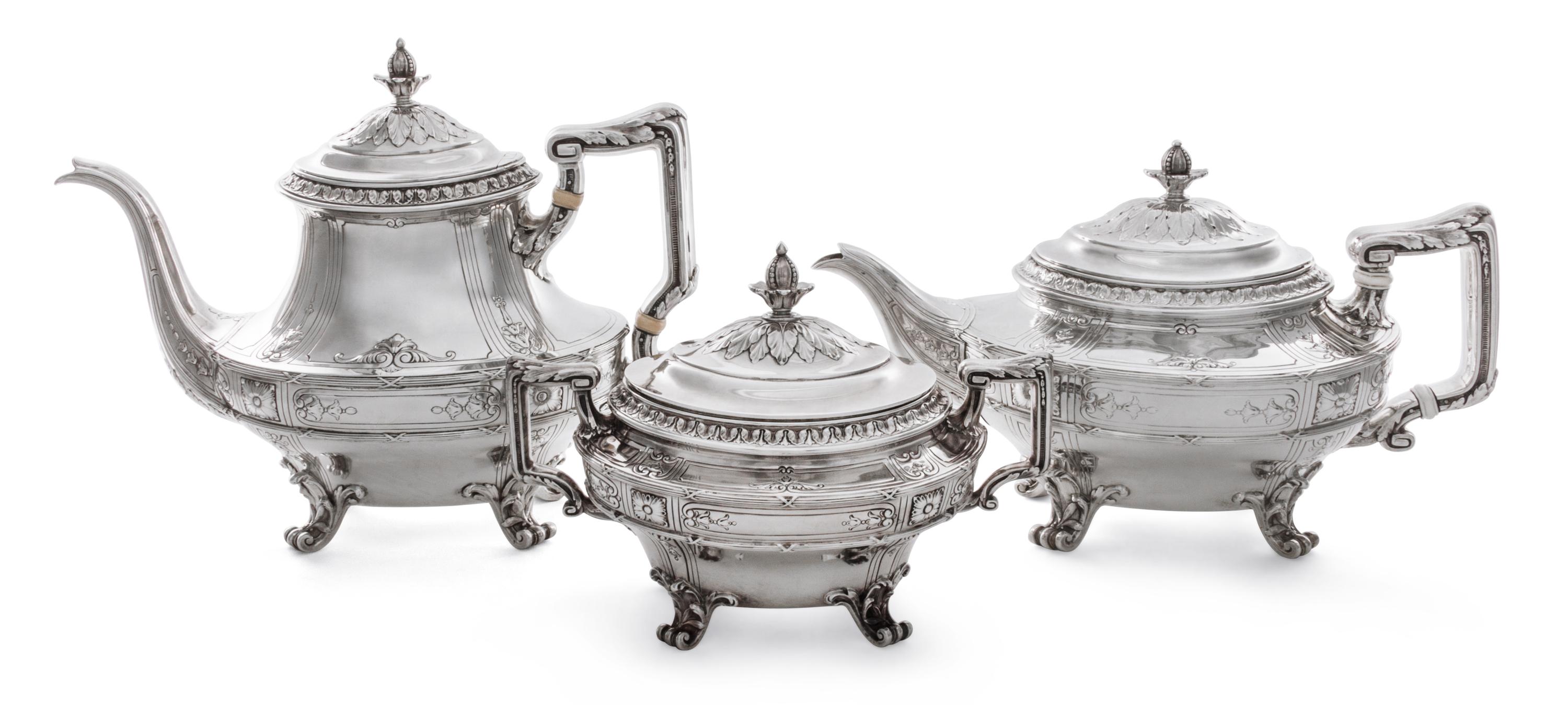 An American Silver Tea Service, Gorham Mfg. Co., Providence, RI, comprising a teapot, a coffee pot and a covered sugar monogrammed PBB,
