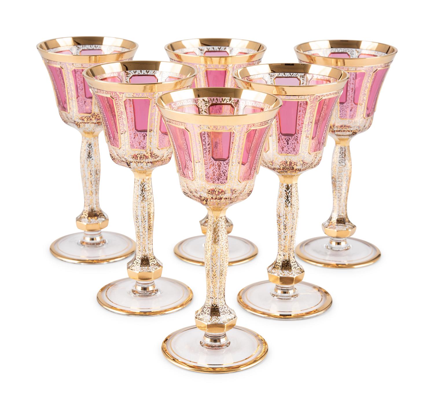 Six Moser Cranberry and Gold Cabochon Panel Wine Glasses