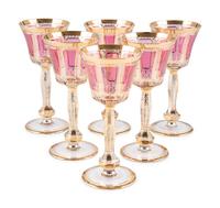 Six Moser Cranberry and Gold Cabochon Panel Wine Glasses
