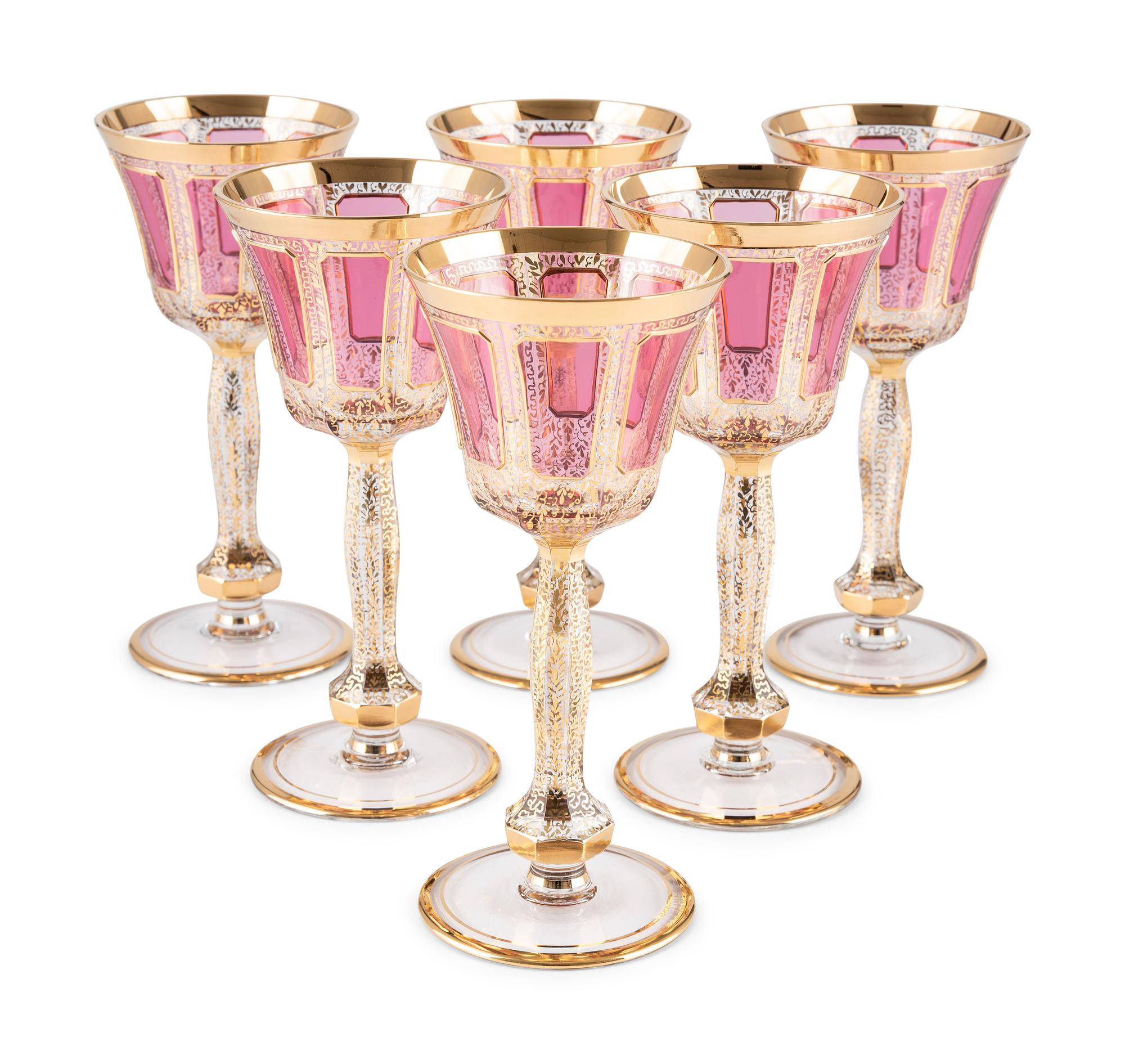Six Moser Cranberry and Gold Cabochon Panel Wine Glasses