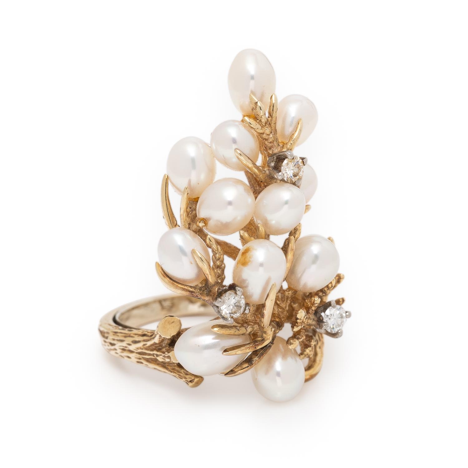 Cultured Pearl, Diamond, and Yellow Gold Foliate Ring