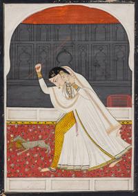 An Indian Painting of a Woman Chasing a Cat Thief, Punjab Hills, Kangra, 1800-1820 1800-1820年 印度旁遮普山丘岡格拉派細密畫《逐貓圖》
