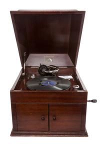 A Gramophone Mahogany Cased Phonograph Depth of case 18 inches.